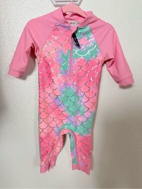 Girls Pink Mermaid-Scale Rashguard One-Piece Swim Suit - Pink/Mint